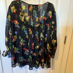 Torrid 3 Blouse Shirt Floral Women 3X Black Airy Sheer Pleated  Boho Prairie